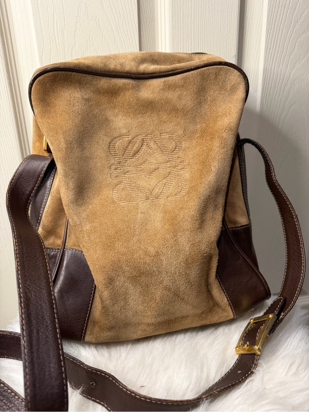 Loewe Tan Suede Messenger Bag with Brown Leather Trim